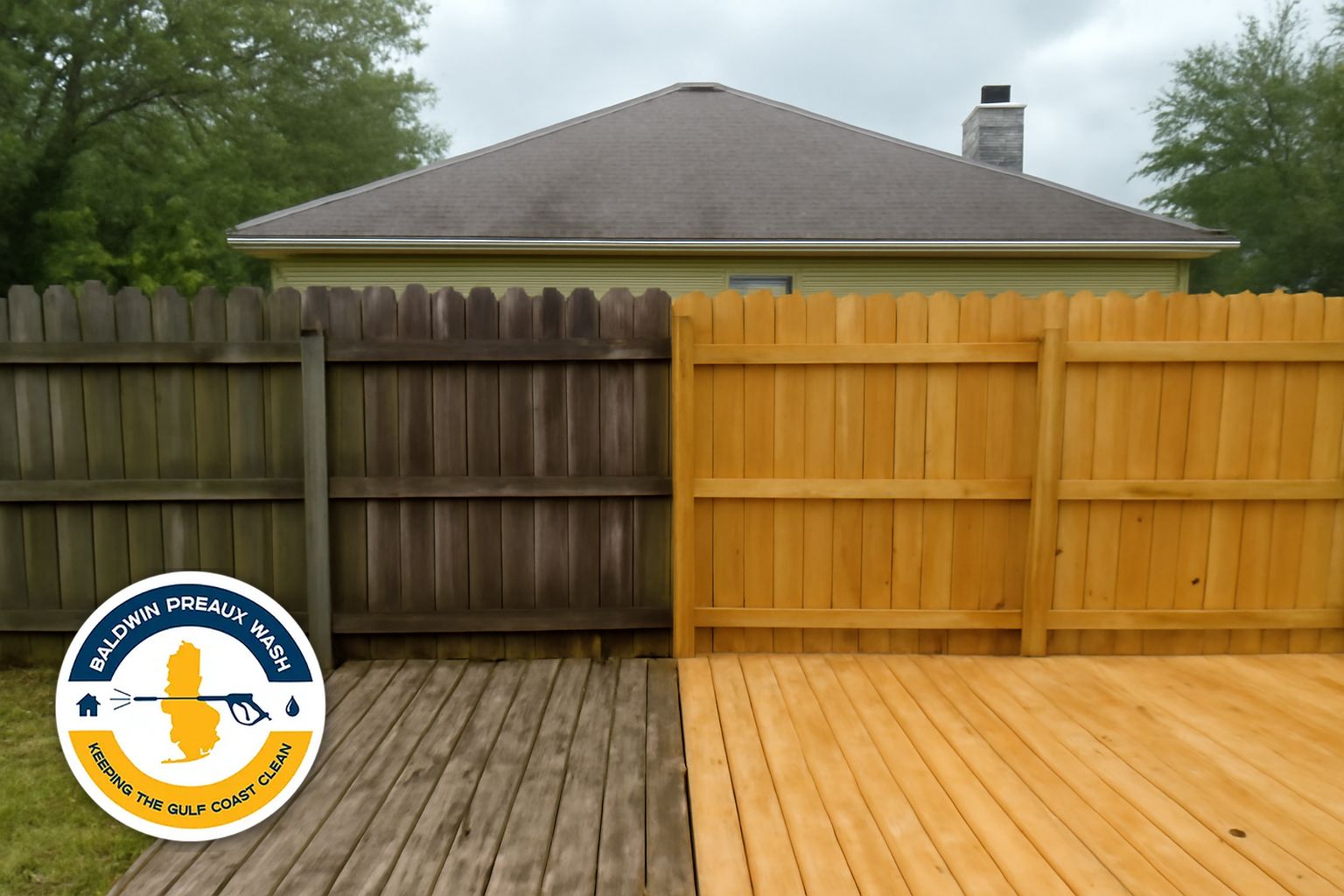 Gray weathered wood deck before soft wash cleaning in West Mobile AL