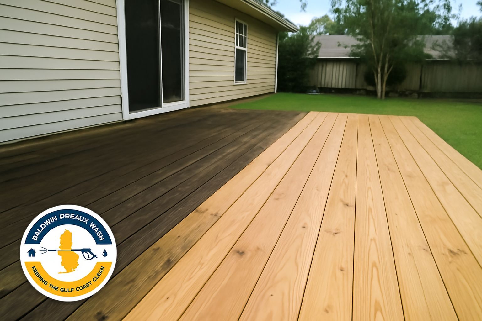 Wood deck cleaned and restored on an Orange Beach coastal home