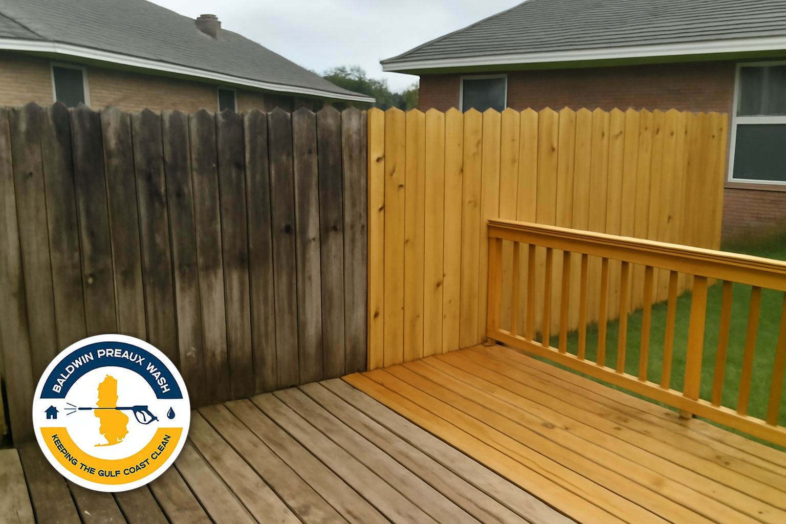 Wood deck before and after cleaning in Robertsdale Alabama